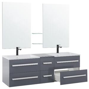 Sada kúpeľňového nábytku sivá 7 dielna moderná nástenná skrinka s 2 zrkadlovými umývadlami a sklenenými policami