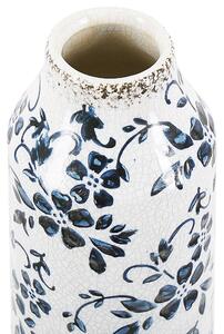 Váza na kvety biela a modrá kameninová vysoká 35 cm s kvetovaným vzorom vodotesná