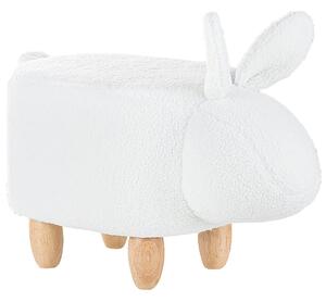 Detská taburetka so zvieratkom zajačik biela polyesterová látka čalúnená s drevenými nohami detská podnožka