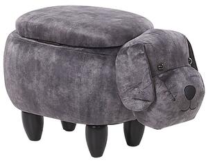 Sivý zamatový puf pes, psík, drevené nohy, stolička s úložným priestorom pre deti