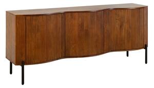 Art deco hnedý trojdverový príborník Allegra z mangového dreva s dekoratívnymi lamelami s čiernymi kovovými nožičkami 177 cm