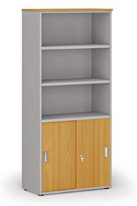 Kombinovaná kancelárska skriňa PRIMO GRAY, zasúvacie dvere na 2 poschodia, 800 x 420 x 1781 mm, sivá/buk