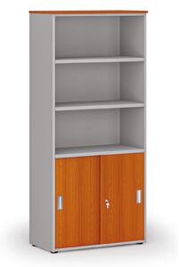 Kombinovaná kancelárska skriňa PRIMO GRAY, zasúvacie dvere na 2 poschodia, 800 x 420 x 1781 mm, sivá/čerešňa