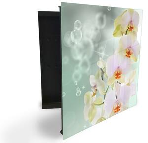 Glasdekor skrinka na kľúče - kvety orchideí na abstraktnom pozadí - Ľavé / Čierna