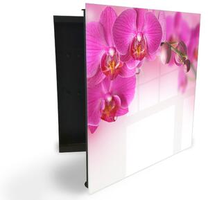 Glasdekor skrinka na kľúče - kvety tmavo ružová orchidea - Ľavé / Čierna