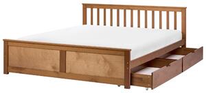 Posteľ hnedá borovicové drevo MDF 160 x 200 cm s čelom 2 zásuvky minimalistický štýl spálňa