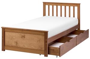 Posteľ hnedá borovicové drevo MDF 90 x 200 cm s čelom 2 zásuvky minimalistický štýl spálňa
