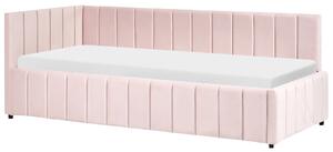Posteľ pastelová ružová zamatová čalúnený rám postele 90 x 200 cm drevený lamelový rošt drevené nohy