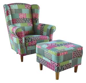 Kreslo (ušiak) s taburetkou Astrid - vzor patchwork M1