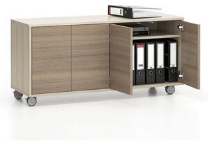 Pojazdná skrinka na kolieskach s dverami LAYERS, dlhá, 1200 x 400 x 575 mm, dub prírodný / dub morený