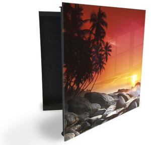 Glasdekor skrinka na kľúče - palmy, more a tropický západ slnka - Ľavé / Čierna