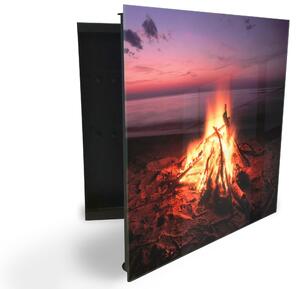 Glasdekor skrinka na kľúče - oheň na pláži pri mori - Pravé / Čierna