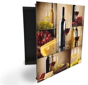 Glasdekor skrinka na kľúče - fľaša, poháre a hrozno vína - Ľavé / Čierna