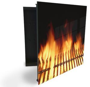 Glasdekor skrinka na kľúče - detail oheň v grile - Ľavé / Čierna