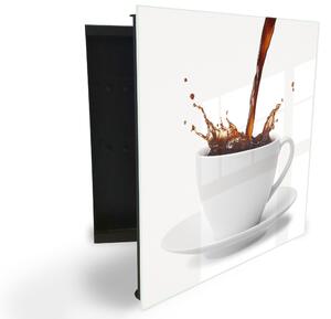 Glasdekor skrinka na kľúče - šplechnutie kávy v bielu šálku - Ľavé / Čierna