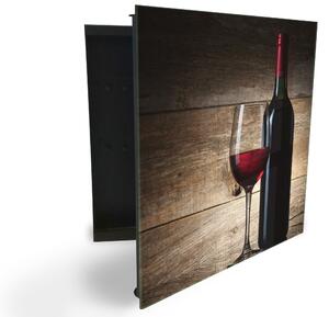 Glasdekor skrinka na kľúče - poháre a fľaša červené víno pri dreve - Ľavé / Čierna