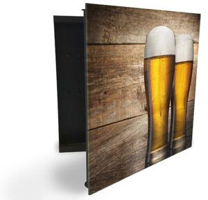 Glasdekor skrinka na kľúče - dve čapované pivá pozadia drevo - Pravé / Biela