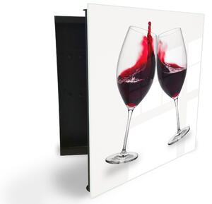 Glasdekor skrinka na kľúče - dva poháre červeného vína na bielom - Ľavé / Biela