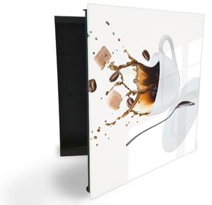 Glasdekor skrinka na kľúče - vylieta káva a cukor z bielej šálky - Ľavé / Biela