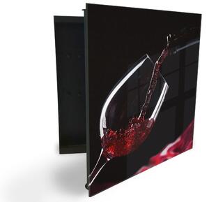 Glasdekor skrinka na kľúče - poháre červeného vína na tmavom pozadí - Ľavé / Čierna