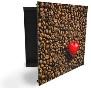 Glasdekor skrinka na kľúče - zrná kávy a červené srdce - Ľavé / Čierna