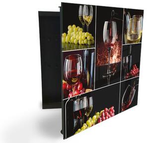 Glasdekor skrinka na kľúče - fľaša a poháre červené a biele víno - Ľavé / Čierna