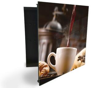 Glasdekor skrinka na kľúče - biela šálka s kávou, pozadia mlynček - Ľavé / Čierna