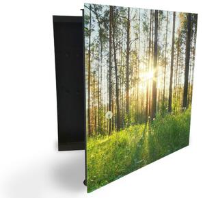 Glasdekor skrinka na kľúče - jarná čistina a les so slnkom - Pravé / Čierna