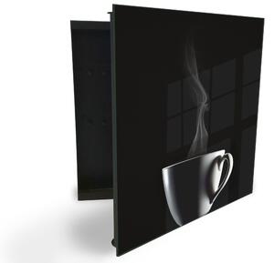Glasdekor skrinka na kľúče - biely hrnček a dym na čiernom pozadí - Ľavé / Čierna