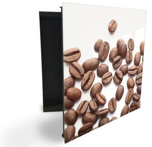 Glasdekor skrinka na kľúče - rozsypané zrná kávy na bielom pozadí - Ľavé / Čierna