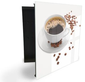 Glasdekor skrinka na kľúče - biela šálka s kávou na bielom pozadí - Pravé / Čierna