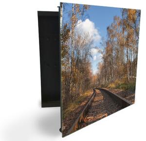 Glasdekor skrinka na kľúče - železnica v jesennom lese - Pravé / Čierna
