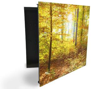 Glasdekor skrinka na kľúče - jesenný les a slnko - Ľavé / Čierna