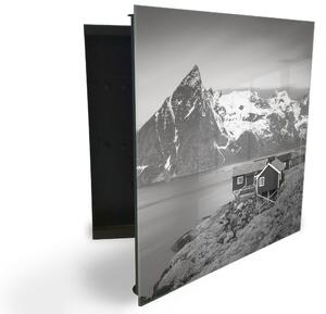 Glasdekor skrinka na kľúče -čierno biele hory, jazero, chata - Ľavé / Čierna