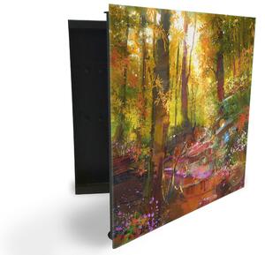 Glasdekor skrinka na kľúče - maľovaný les s kvetmi - Ľavé / Čierna