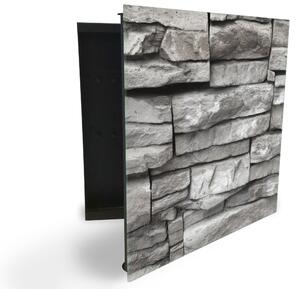Glasdekor skrinka na kľúče - sivá stena z kameňa - Ľavé / Čierna