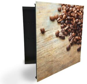 Glasdekor skrinka na kľúče - kávové zrná na drevenom stole - Ľavé / Čierna