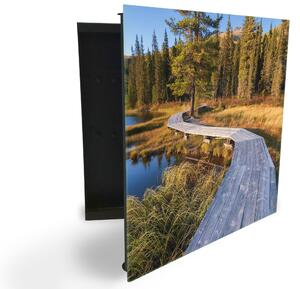 Glasdekor skrinka na kľúče - drevená cesta okolo jazera v lese - Ľavé / Čierna