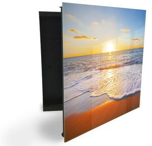 Glasdekor skrinka na kľúče - západ slnka pri mori s vlnami - Ľavé / Biela
