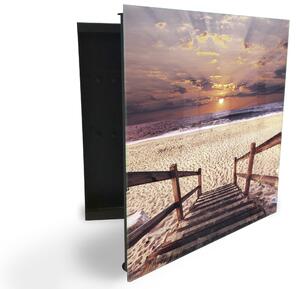 Glasdekor skrinka na kľúče - promenáda na pláži západ slnka - Ľavé / Čierna