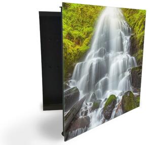 Glasdekor skrinka na kľúče - krásny vodopád v lese - Ľavé / Čierna