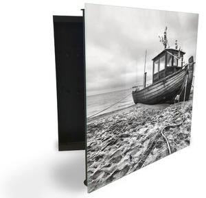 Glasdekor skrinka na kľúče - čiernobiela rybárska loď - Ľavé / Čierna