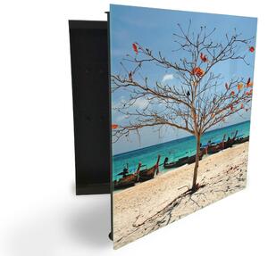 Glasdekor skrinka na kľúče - strom bez lístia na pláži pri mori - Ľavé / Čierna