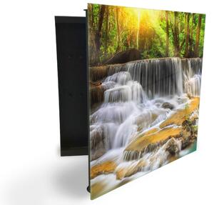 Glasdekor skrinka na kľúče - les, slnko a vodopády - Ľavé / Čierna