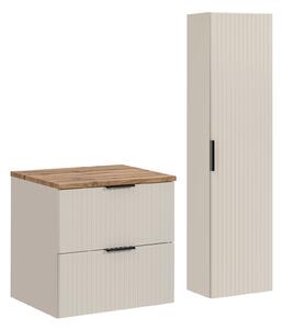 Comad Set kúpeľňového nábytku Adel Cashmere 60 kašmír mat s vysokou skrinkou so zásuvkami doska dub wotan