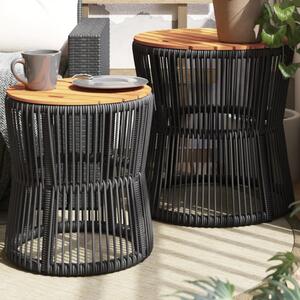 Záhradné bočné stolíky s drevenou doskou 2 ks čierne polyratan