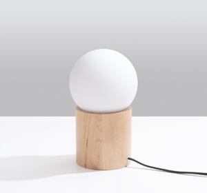 Stolná lampa Boomo, 1x biele sklenené tienidlo, drevo