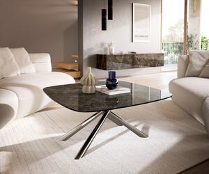 DELIFE Konferenčný stolík Edge zaoblený 90x90 cm keramika Laminam® Emperador Extra Lucidato tmavohnedá Sarity nerezová oceľ kefovaná