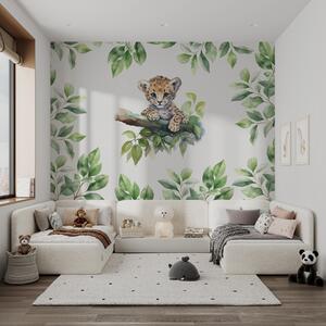 Tapety Malý leopard sedí na konári medzi listami akvarel, Fototapety zvieratá, w00889 : Uwalls.sk