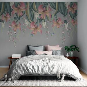 Tapety Jemný botanický motív so zavesenými ľaliami, kvetmi a kolibríkmi na sivej grunge, 3D fototapety, Fototapety 3d kvety, w01523v2 : Uwalls.sk